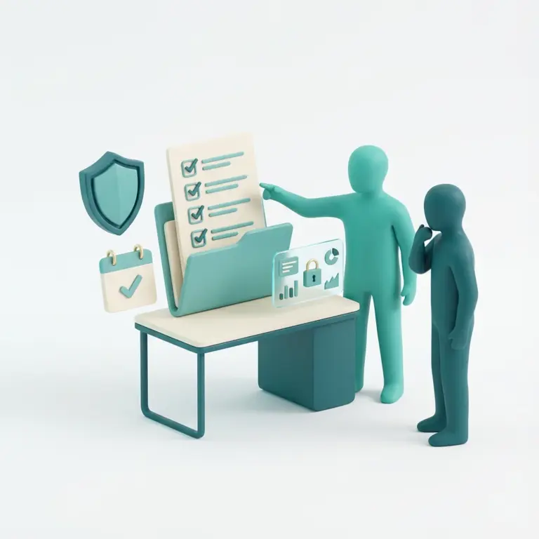Illustration: Zwei Personen stehen an einem Schreibtisch vor Laptop und großer Checkliste mit Häkchen, daneben Schutzschild-Symbol.
