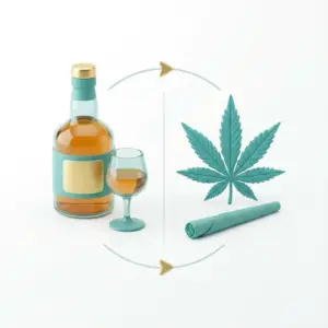 Illustration mit Alkoholflasche und Glas sowie Cannabisblatt und Joint als Symbol für MPU wegen Mischkonsum.