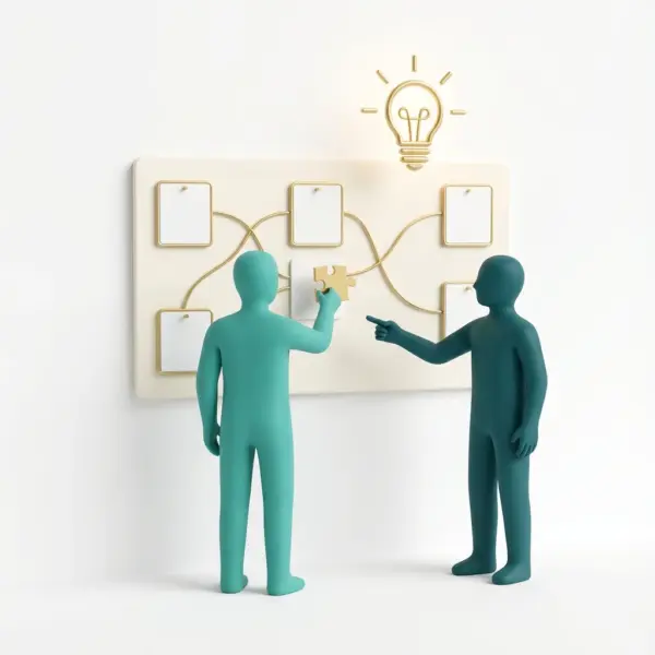 Illustration: Zwei Personen stehen vor einer Tafel mit verbundenen Notizzetteln; eine hält ein Puzzle-Teil, darüber eine Glühbirne.