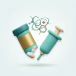 Illustration von Medikamentenfläschchen, Spritze und Tabletten als Symbol für MPU wegen Drogen und Drogenscreenings.