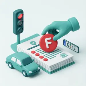 Illustration mit Auto, roter Ampel und Prüfbericht als Symbol für MPU wegen Punkten und Verkehrsverstößen.