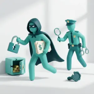 Illustration eines Täters und eines Polizisten als Symbol für MPU wegen Straftaten und Deliktaufarbeitung.