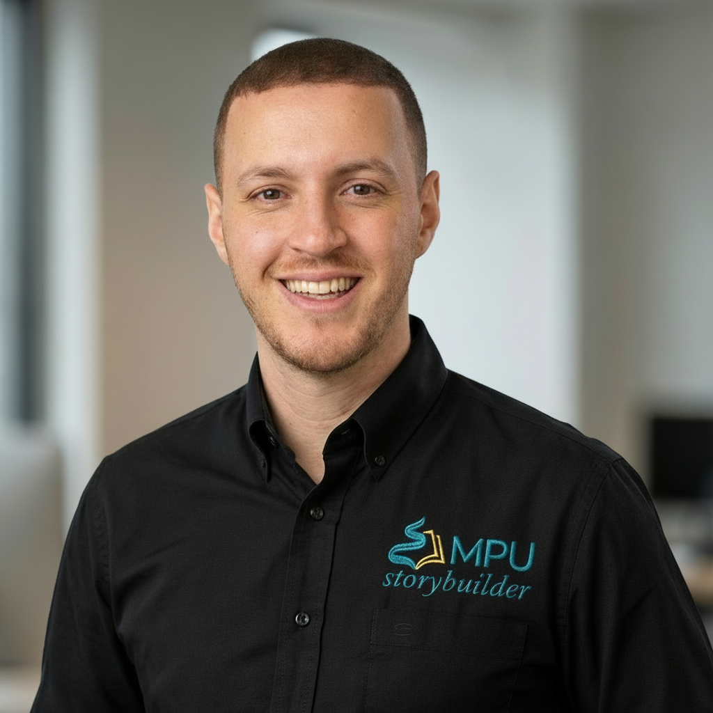 Porträt eines Suchtberaters aus dem MPU-Storybuilder Team mit Logo auf dem Hemd.