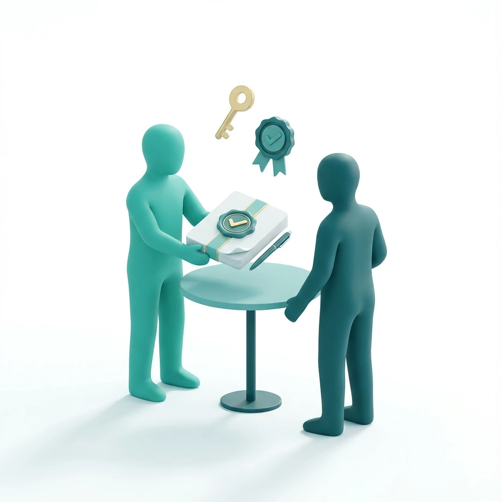 Illustration: Eine Person übergibt einen Stapel geprüfter Unterlagen mit Siegel an eine andere; darüber Schlüssel- und Prüfzeichen-Symbole.
